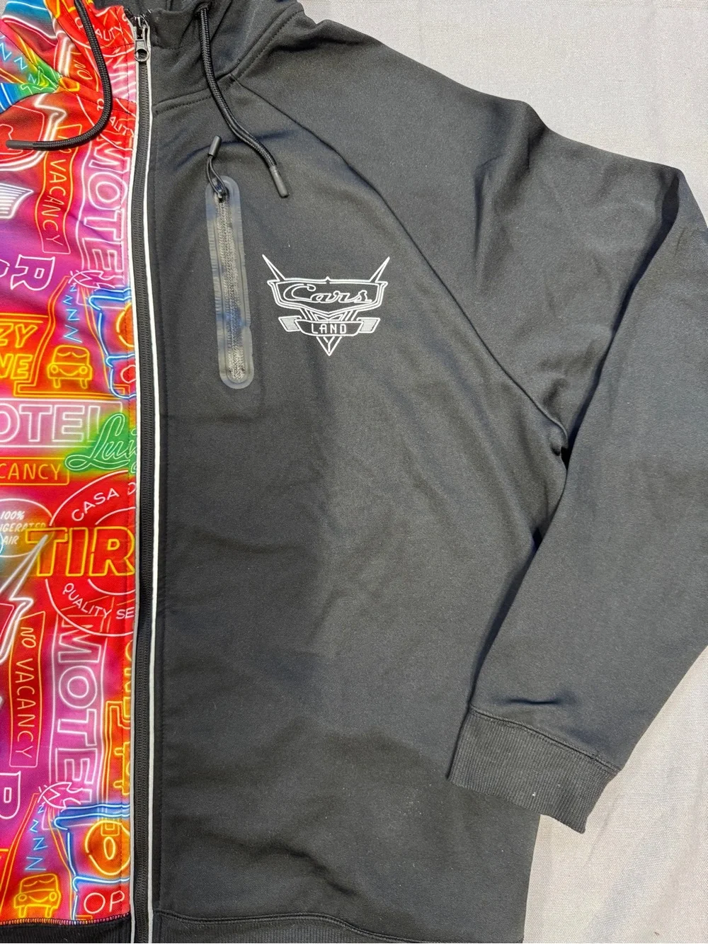 Disney Cars Land Hoodie Mens Medium Black Neon Lights Zip Jacket Sweatshirt 0020